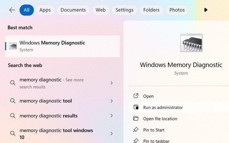 Откройте средство диагностики памяти Windows из меню поиска.