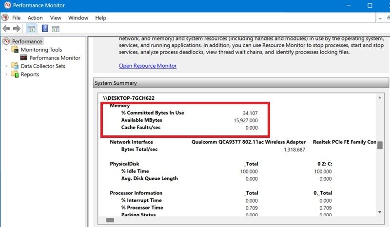 Обзор памяти в приложении Performance Monitor.