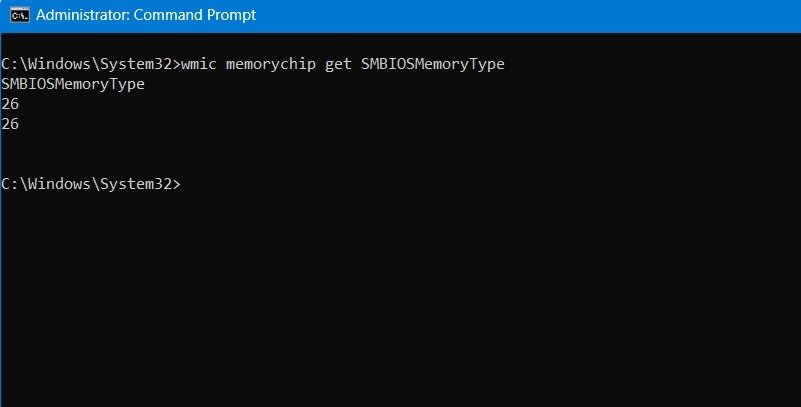 Команда SMBIOS MemoryType для определения типа оперативной памяти. «26» означает DDR4.