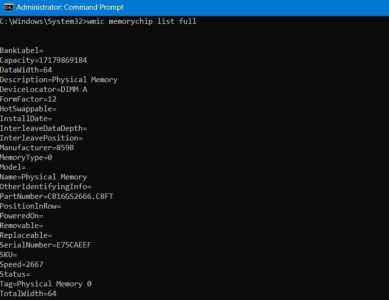 Команда полного списка устройств WMIC Memorychip.
