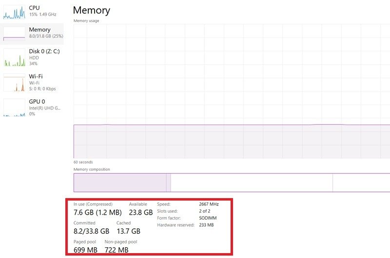 Поиск сведений об оперативной памяти в диспетчере задач Windows.