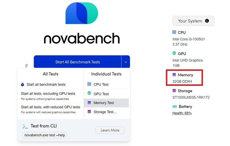 Тип ОЗУ определен как DDR4 в Novabench с дальнейшим исследованием в рамках теста памяти.