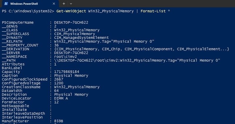 Поиск полной информации о типе оперативной памяти в PowerShell с использованием переменной среды «Get Wmiobject».