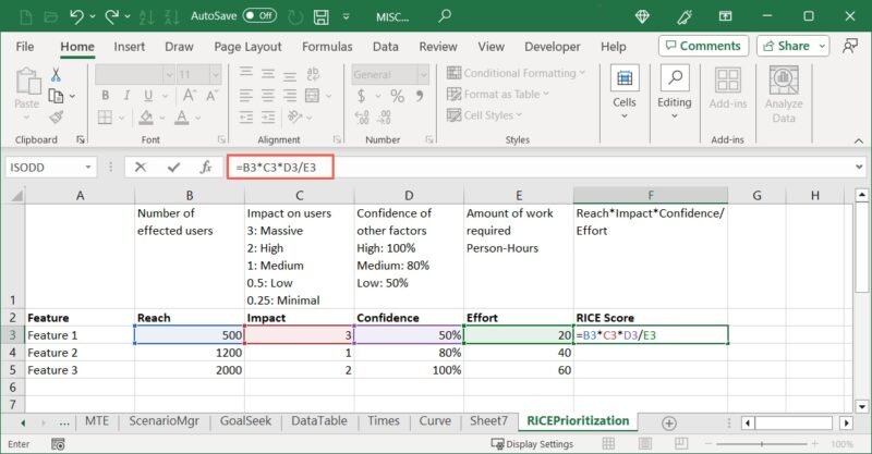 Формула оценки RICE в Excel