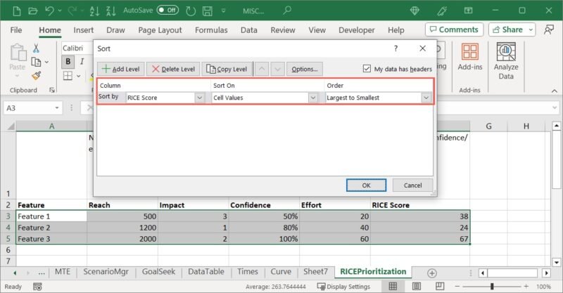 Сортировка столбца RICE Score в Excel