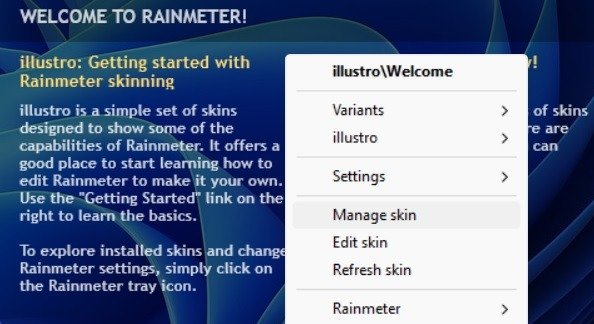 Выберите «Управление скинами», щелкнув правой кнопкой мыши по приветственной заставке Rainmeter Illustro.