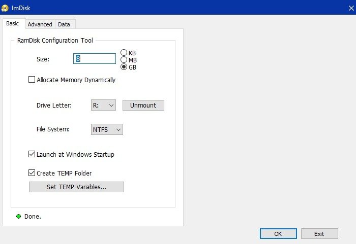 Установщик Ram Drive Windows Imdisk завершен