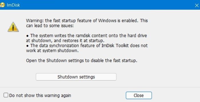 Сообщение о настройках выключения Ram Drive Windows Imdisk