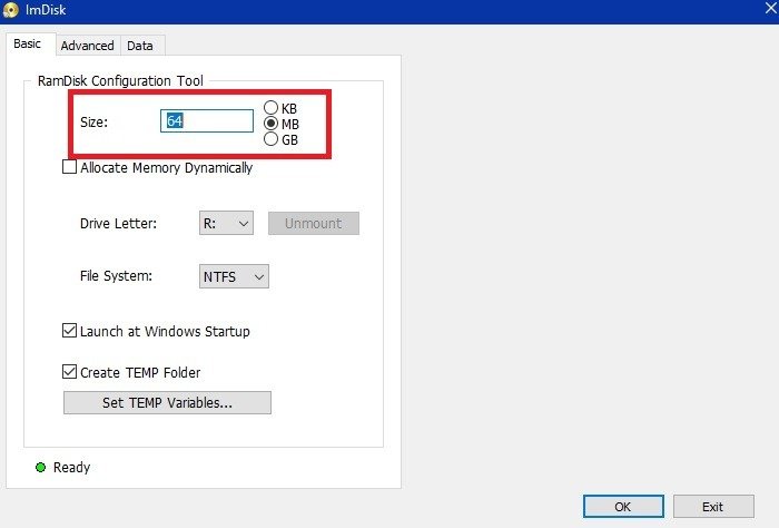 Распределение размера Imdisk в Windows Ram Drive