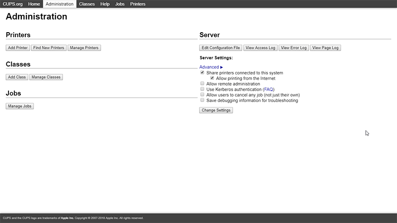 Страница конфигурации чашек для беспроводной печати Raspberry Pi