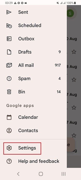 Нажмите «Настройки» в мобильном приложении Gmail.