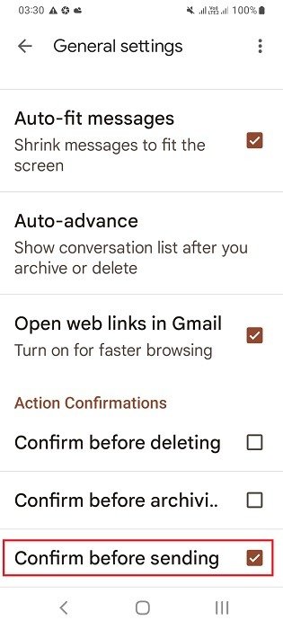 Выберите «Подтвердить перед отправкой» в мобильном приложении Gmail.
