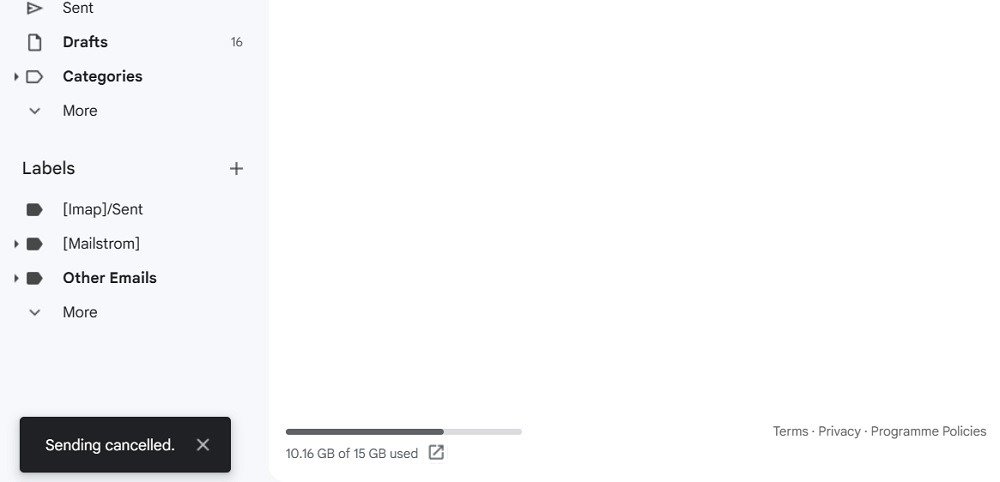 Отправка отмененного сообщения отображается в веб-браузере Gmail.