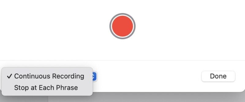Параметры «Непрерывная запись» или «Остановка каждой фразы» на Mac