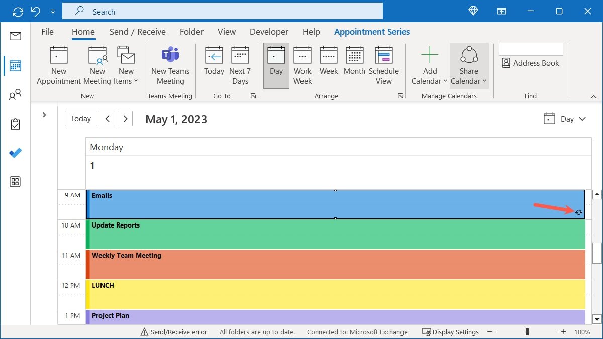 Значок повторения события в календаре Outlook