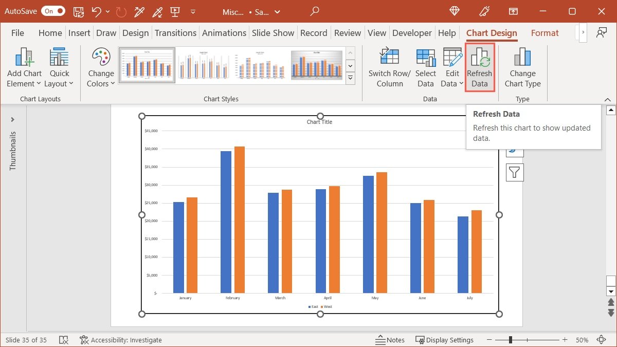 Обновить данные для диаграммы Excel в PowerPoint