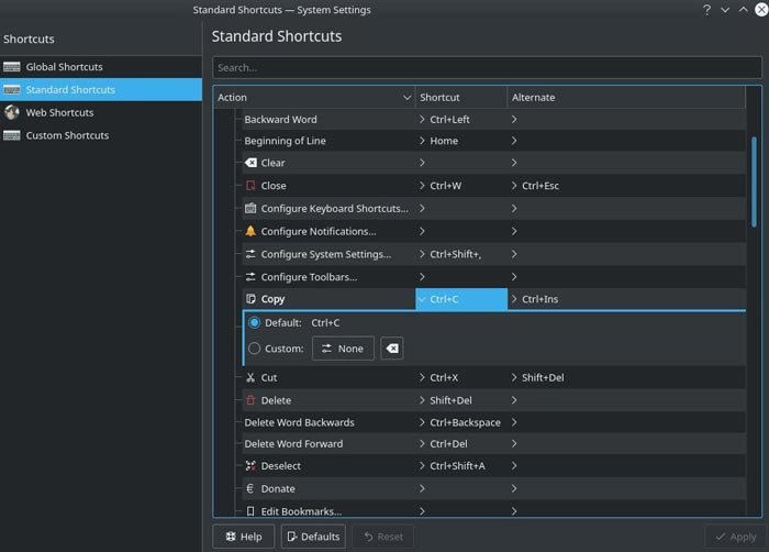 Переназначение клавиш Стандартные сочетания клавиш Kde