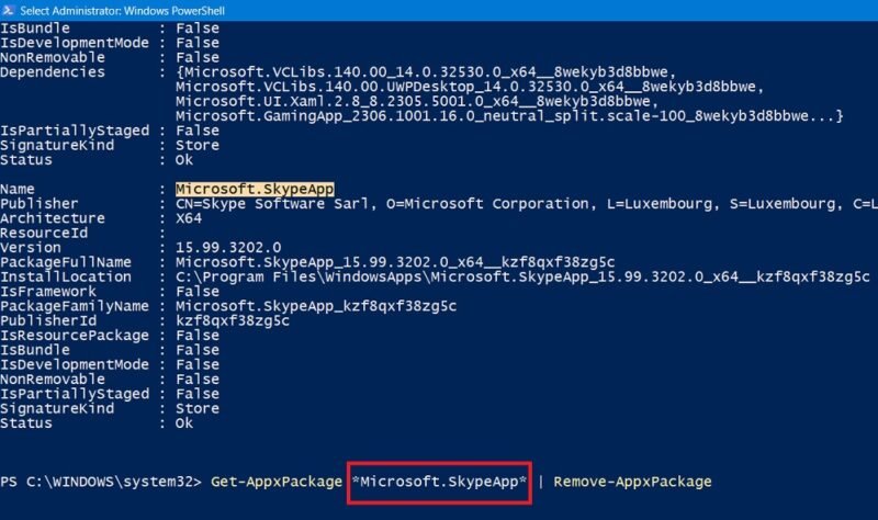 Использование Get-AppxPackage для удаления Skype в Powershell.