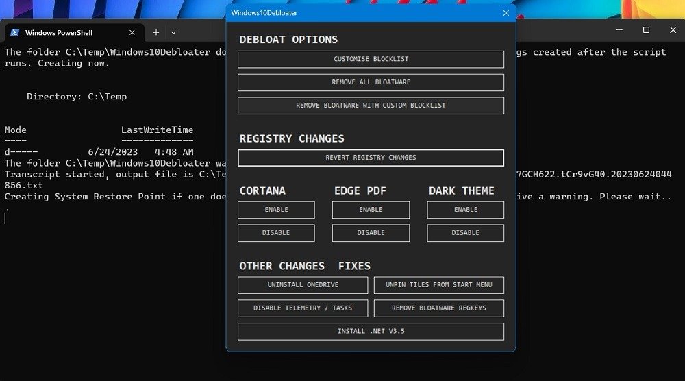 Окно Windows10debloater, открытое из PowerShell.