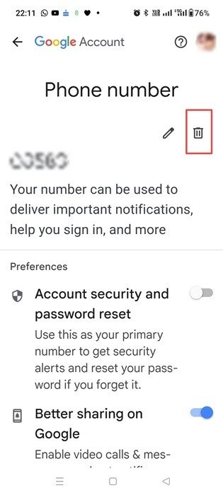 Удаление номера телефона из учетной записи Google на телефоне Android.