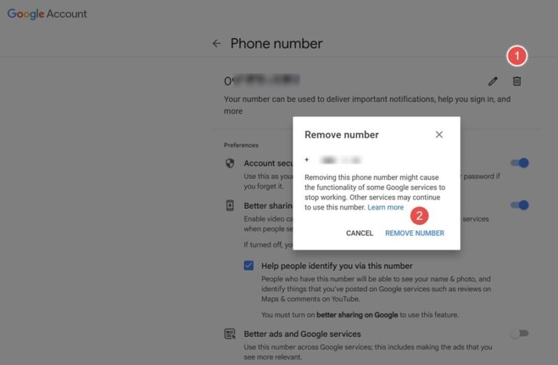 Действия, показанные для удаления вашего номера телефона из учетной записи Google в веб-браузере