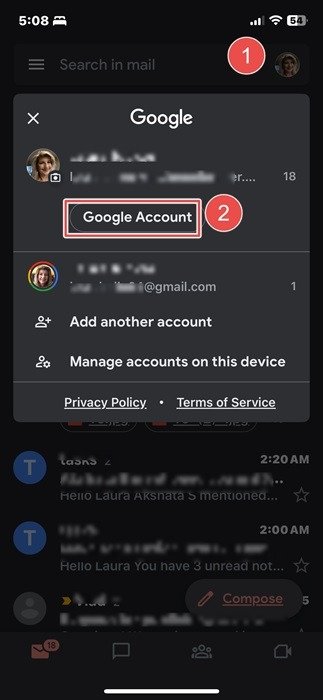Нажмите «Фото профиля», а затем «Учетная запись Google», чтобы открыть настройки Gmail на iPhone.