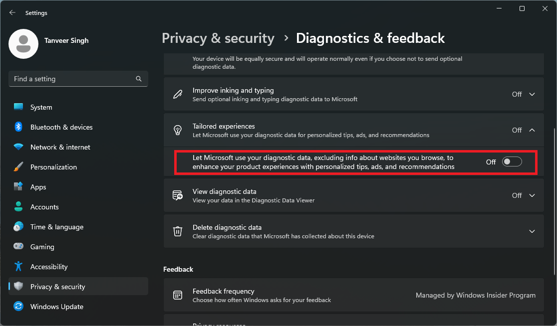 Отключение параметра «Разрешить Microsoft использовать ваши диагностические данные, исключая информацию о просматриваемых вами веб-сайтах и ​​т. д.» в разделе «Диагностика и отзывы».