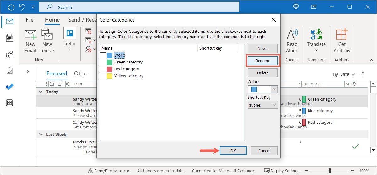 Переименование категории в Outlook для Windows