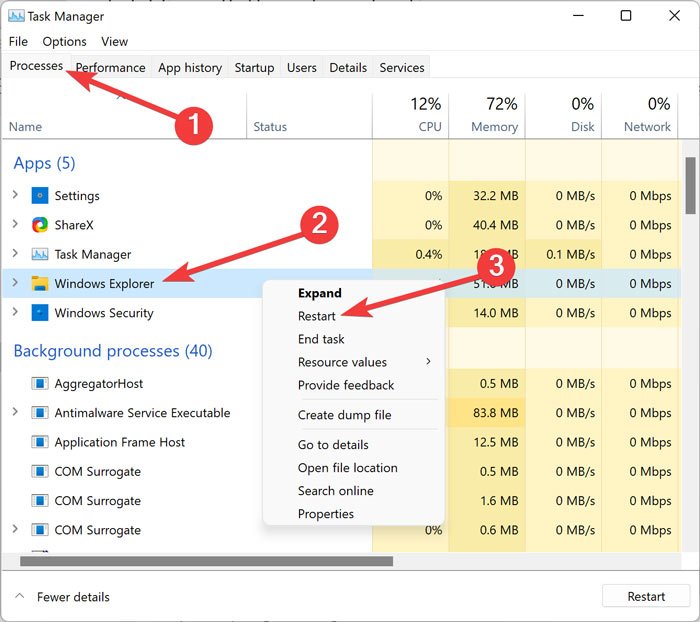 Перезапустите Проводник Windows из диспетчера задач.