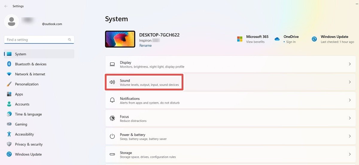 Нажмите меню «Звук» в системе настроек для Windows 11.