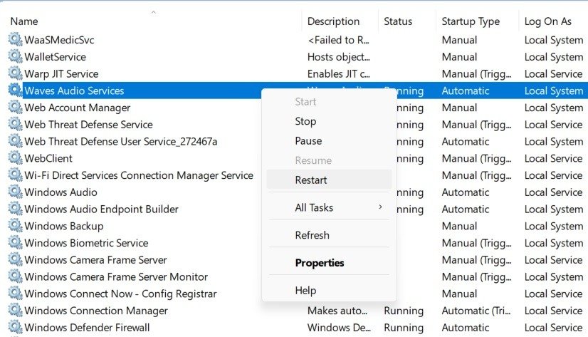 Перезапуск служб Waves Audio в Windows.