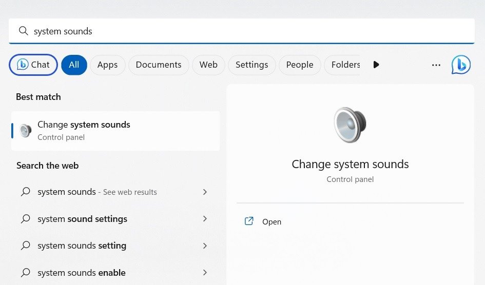 Поиск Изменить системные звуки в меню поиска Windows 11.