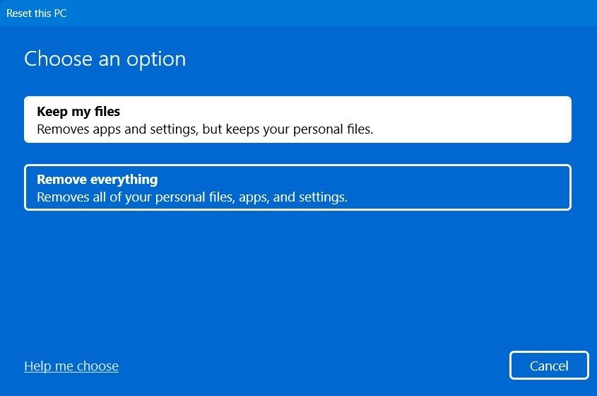 Сохраните мои файлы в параметрах «Сбросить компьютер» для Windows 11.