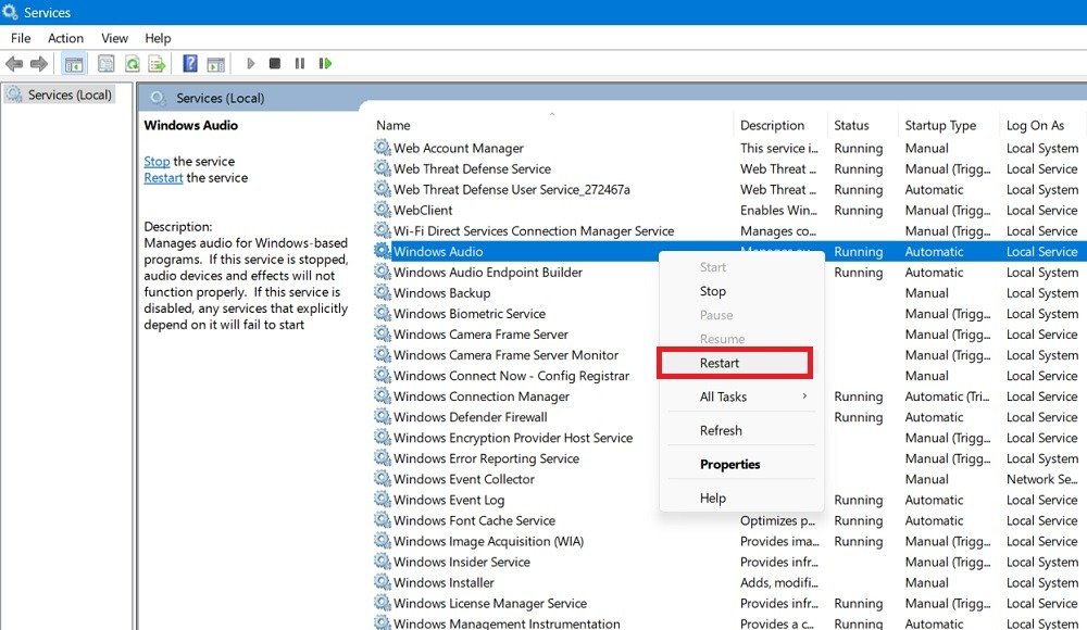 Щелкните правой кнопкой мыши службы Windows Audio, чтобы перезапустить их.