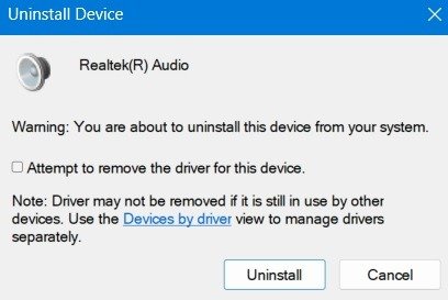 Предупреждающее сообщение перед попыткой удаления звукового драйвера в Windows 11.