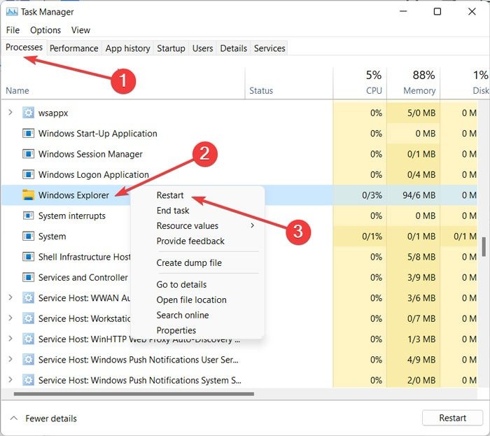 Перезапуск проводника Windows из диспетчера задач.