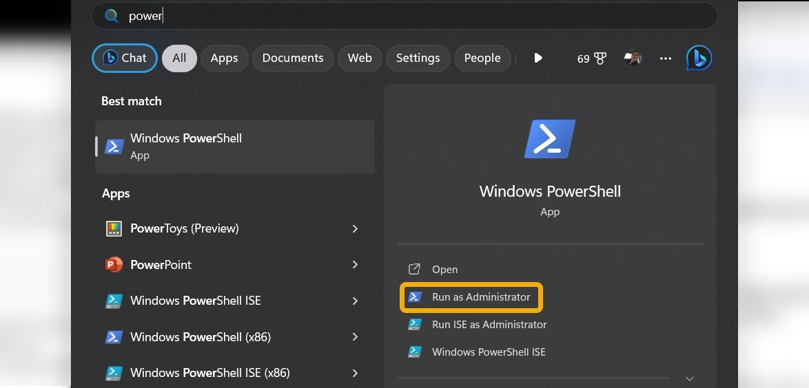 Ввод PowerShell через поиск Windows.