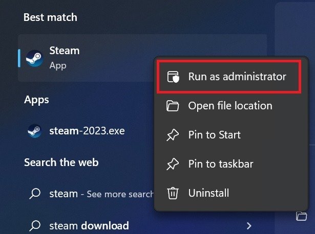 Запуск Steam от имени администратора в Windows.