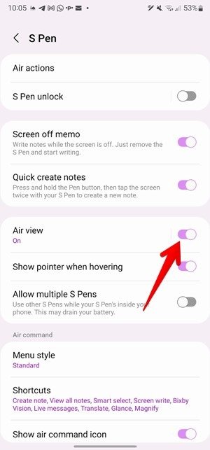 Настройки S Pen Air View