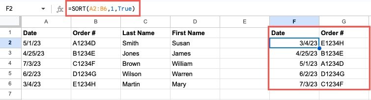 Функция сортировки и формула по возрастанию в Google Sheets