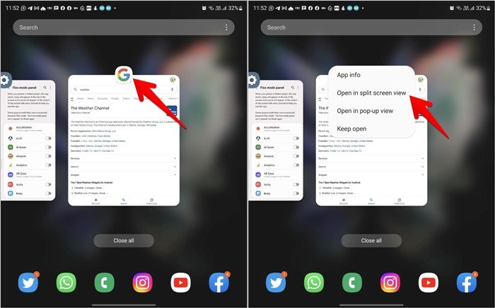 Разделенный экран Samsung Galaxy Fold Включить последние приложения