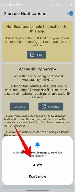 Нажмите «Разрешить», чтобы приложения Glimpse Notification могли отправлять уведомления.