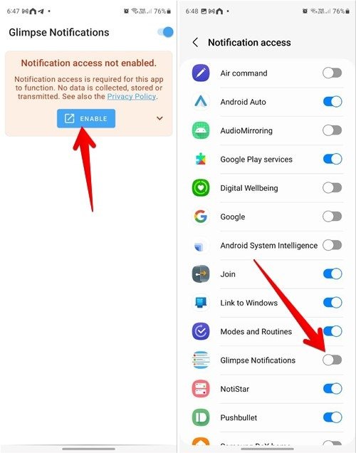 Включение доступа к уведомлениям для приложения Glimpse Notifications.