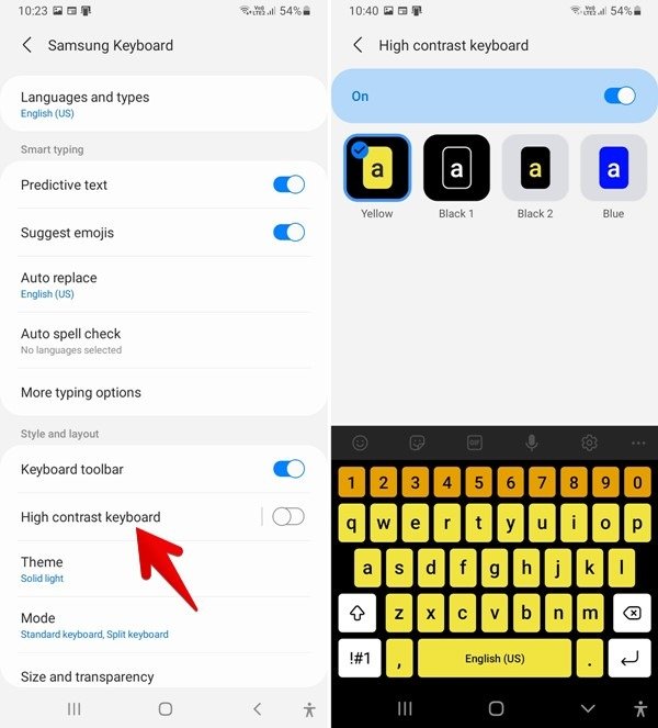Клавиатура Samsung включает тему высокой контрастности