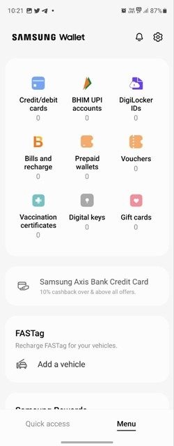 Параметры приложения Samsung Wallet.