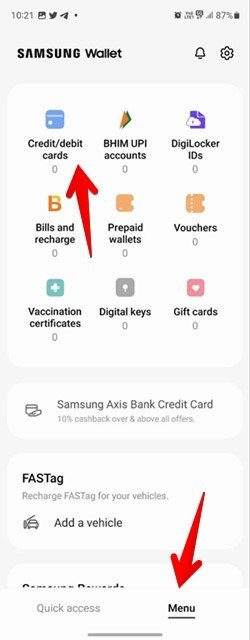 Раздел «Кредитные/дебетовые карты» в приложении Samsung Wallet.