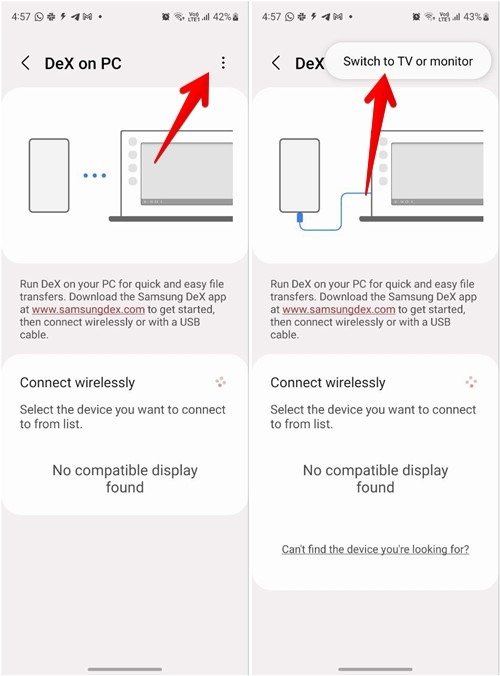 Переключение режима подключения для Samsung DeX из настроек телефона Samsung.