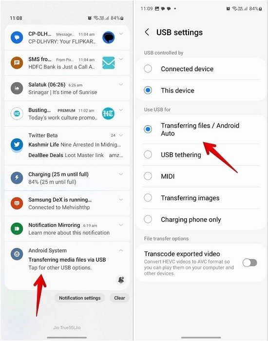 Настройка параметров USB на телефоне Samsung Galaxy.