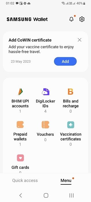 Главный экран приложения Samsung Wallet.