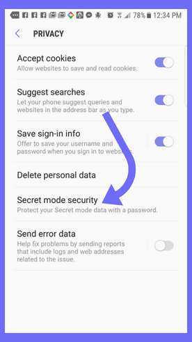 секретный режим безопасности браузера Samsung